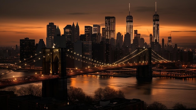 Городской пейзаж с Бруклинским мостом на заднем плане