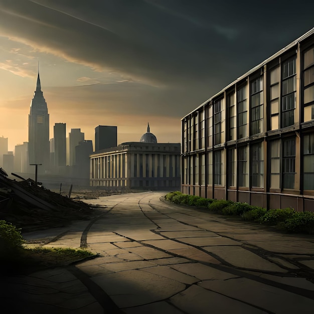 A cityscape with a building in the background and a cloudy sky.