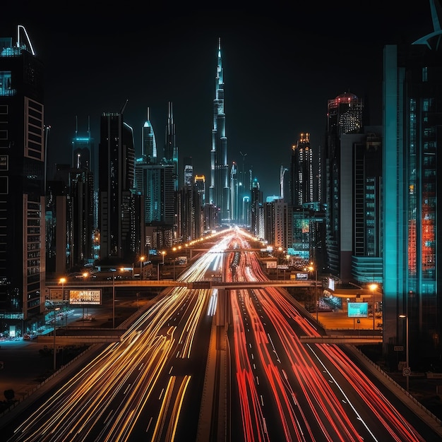 A cityscape with a building in the background and the lights on the building are lit up.