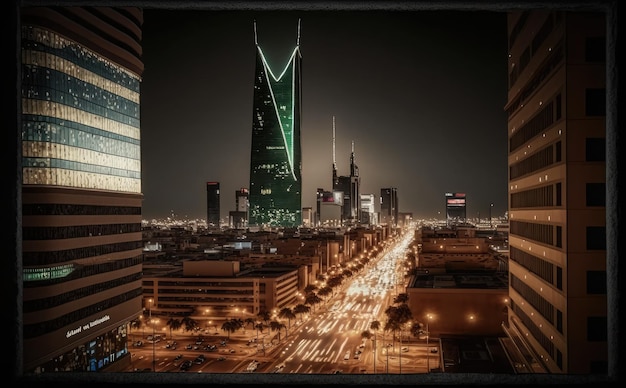 A cityscape with a building and the words riyadh on the bottom.