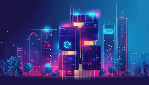 A cityscape with buildings lit up in neon colors by ai generated image