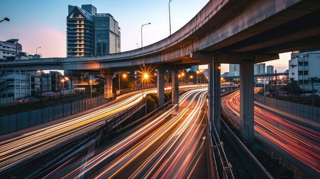 Photo cityscape with busy traffic and tall buildings