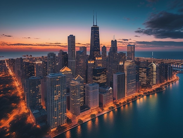 A cityscape with the chicago skyline in the background