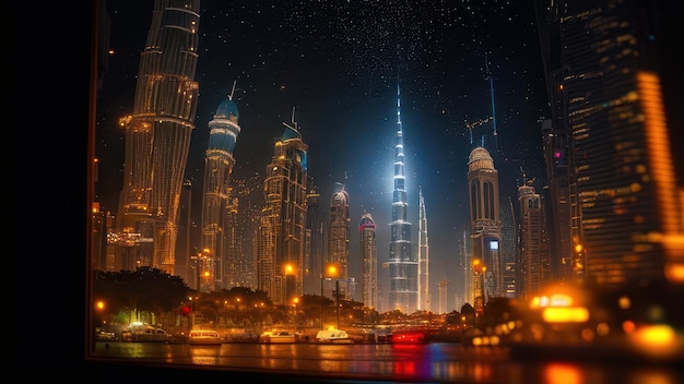 밤에 두바이의 도시 풍경과 도시 풍경