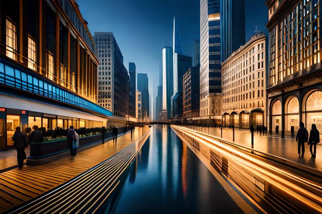 A cityscape with a cityscape and a reflection of a building.