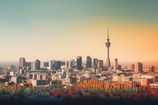 A cityscape with a colorful skyline and the word berlin on the top.