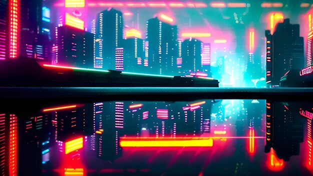 A cityscape with a cyberpunk style in the background