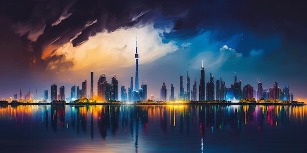 A cityscape with a dark blue sky and the city of dubai in the background.