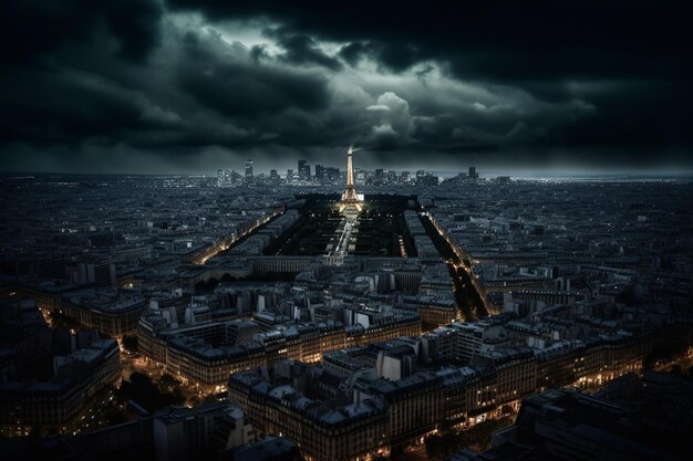 A cityscape with a dark sky and the eiffel tower in the background.
