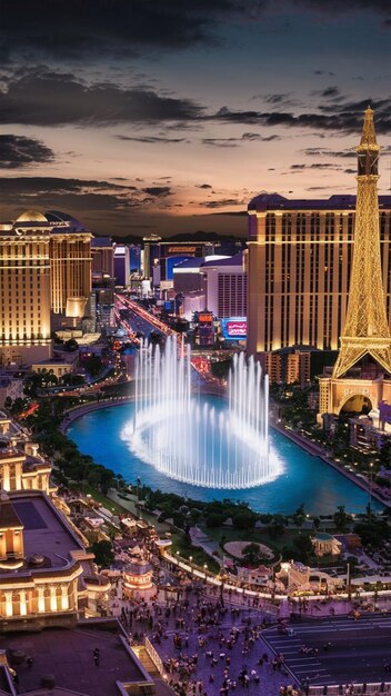 Photo a cityscape with a fountain and a fountain in the foreground