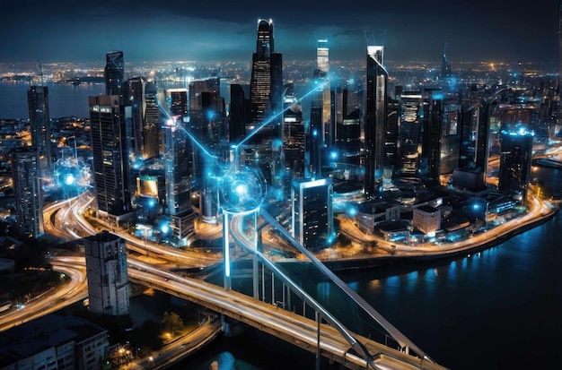 Cityscape with futuristic digital overlay