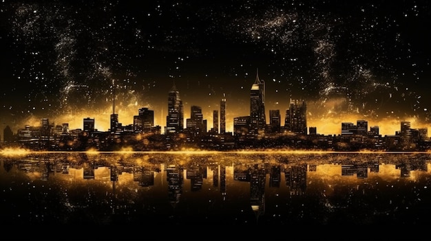 A cityscape with a gold glow in the middle of the night.