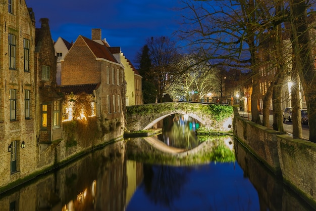 Cityscape with a Green canal in Bruges at night