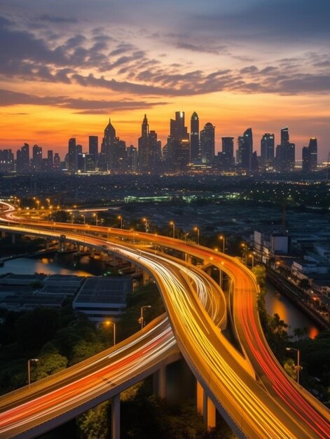 高速道路と背景の都市の都市風景