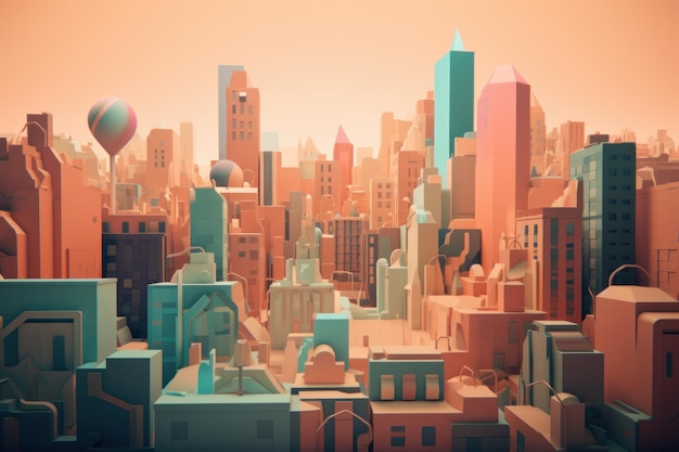 A cityscape with a hot air balloon in the middle of it.