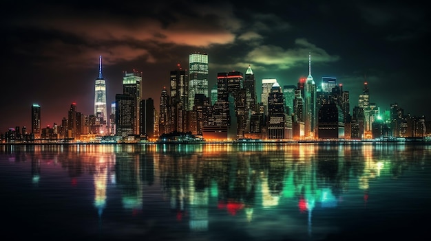 A cityscape with the lights on