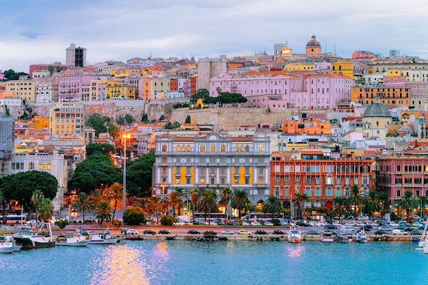 Cityscape with marina in the Mediterranian sea in the evening, Cagliari, Sardinia, Italy