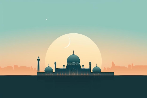 a cityscape with a mosque and the moon in the background.