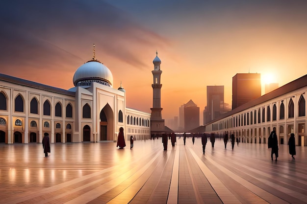 모스크와 그 앞에서 걷는 사람들이 있는 도시 풍경
