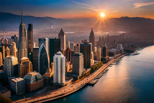 A cityscape with a mountain in the background