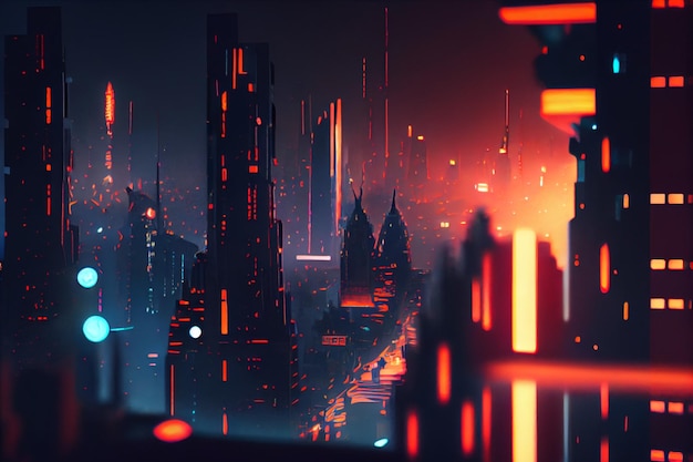 A cityscape with a neon city in the background.