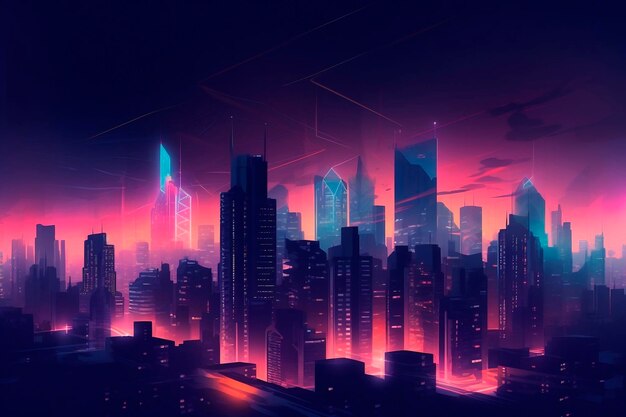 A cityscape with a neon city and the lights of the night.