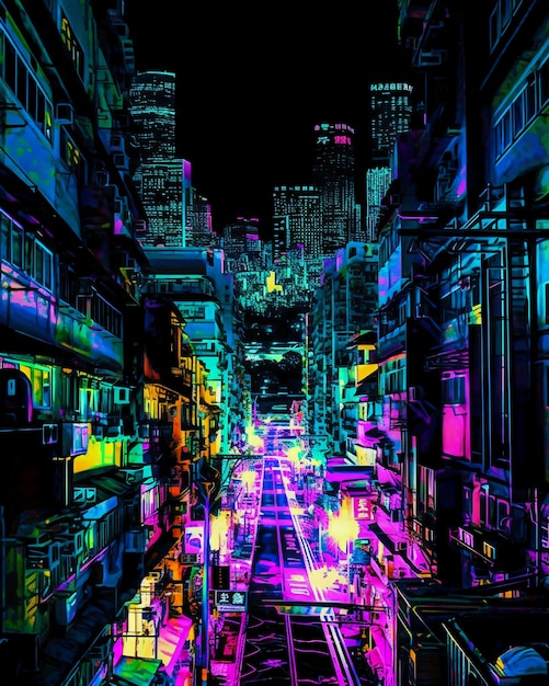 Premium AI Image | A cityscape with neon lights and a cityscape in the ...