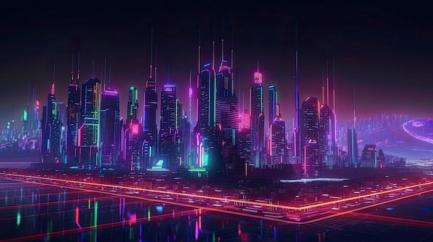 A cityscape with neon lights and a cityscape in the background.