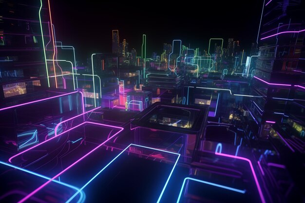 A cityscape with neon lights and a cityscape.