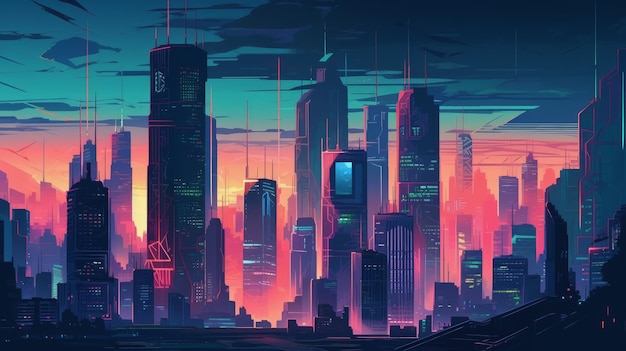 A cityscape with neon lights and towering skyscraper AI generated