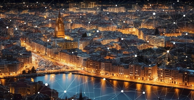 A cityscape with a network of lights and a cityscape in the background.