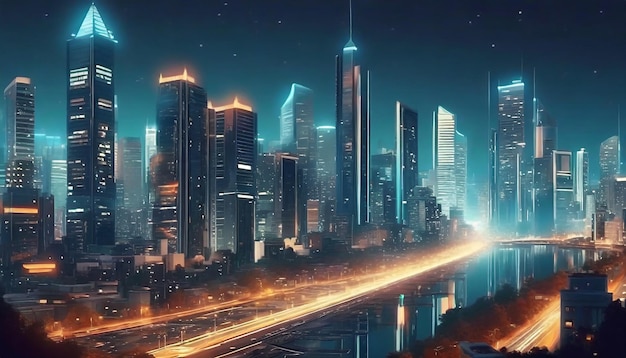A cityscape with a night scene and a cityscape with a neon lights