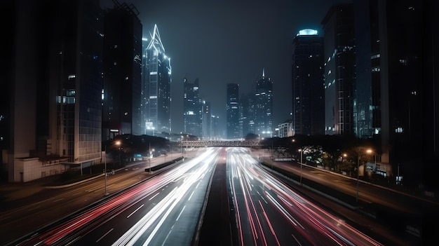 A cityscape with a night scene and the lights on the road