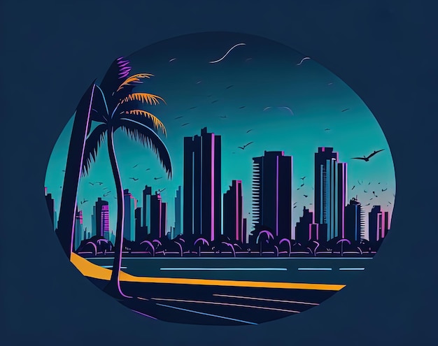 A cityscape with a palm tree in front of it