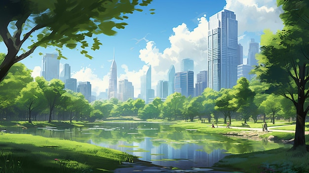 a cityscape with a pond and trees.