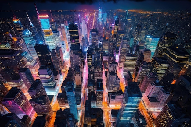 A cityscape with a purple and blue light on the top.