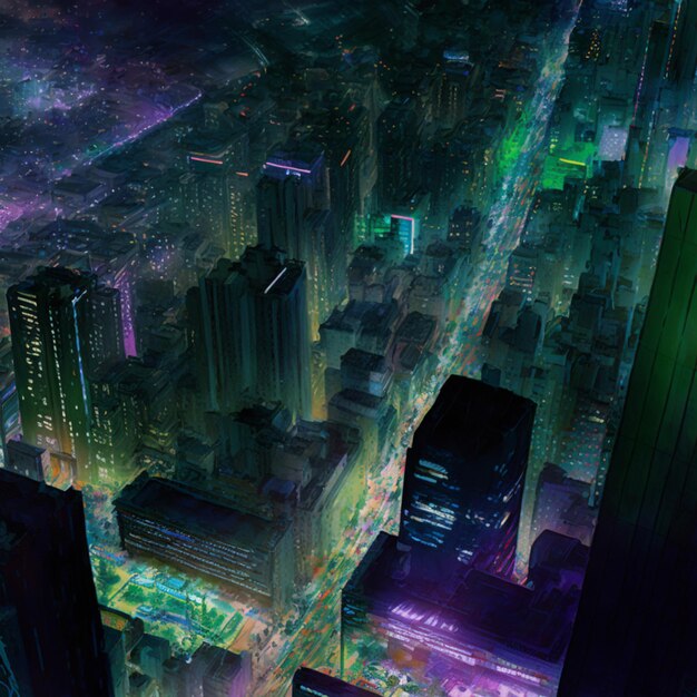 Photo a cityscape with a purple and green light on the top.