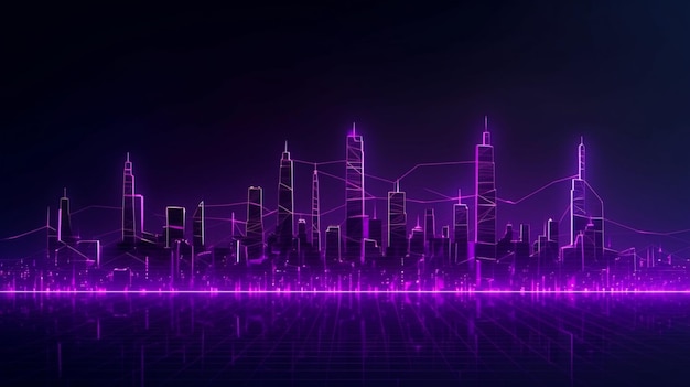 A cityscape with purple neon light digital background