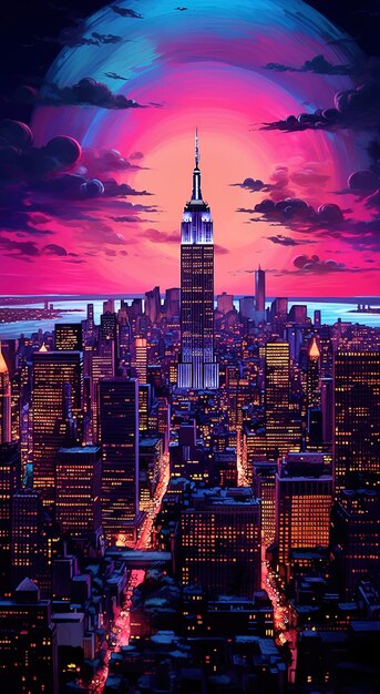 紫色の空と都市風景を描いた都市風景