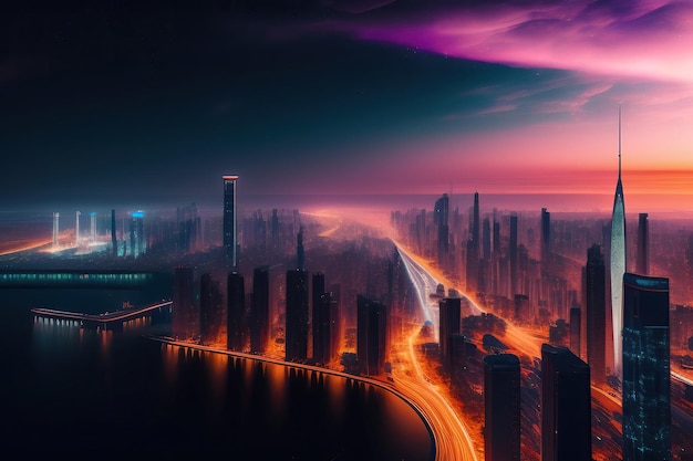 A cityscape with a purple sky and the word city on it