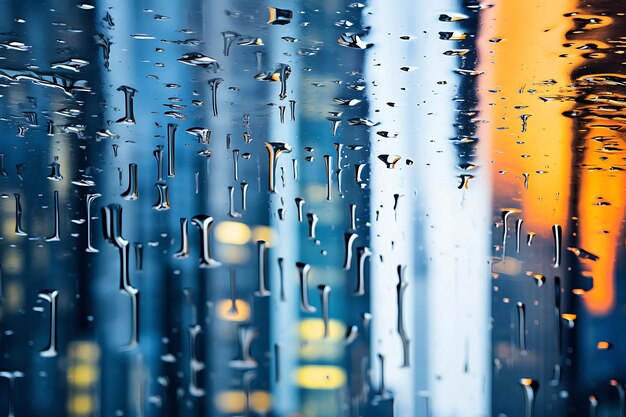 Cityscape with raindrops on a glass facade