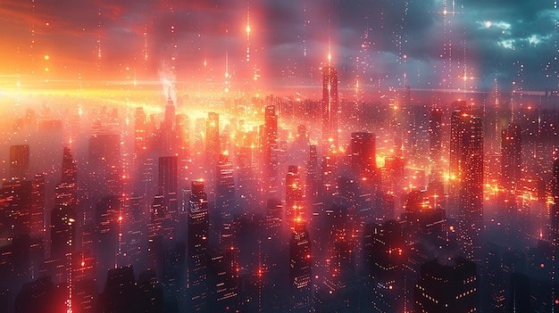 a cityscape with a red light and a city in the background