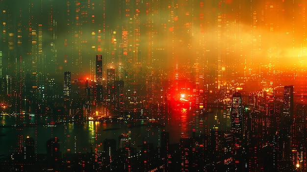 a cityscape with a red light on the top of it