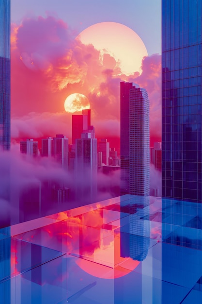 Фото Городской пейзаж с отражением горизонта и большим солнцем на расстоянии генеративный ии