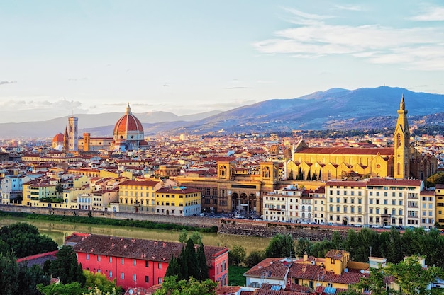 Cityscape with Santa Maria del Fiore, or Duomo Cathedral and Santa Croce Basilica at Florence, Italy