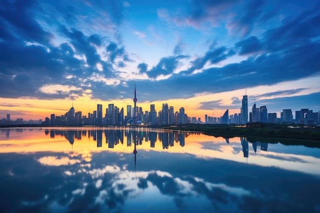 A cityscape with a serene lake in the foreground