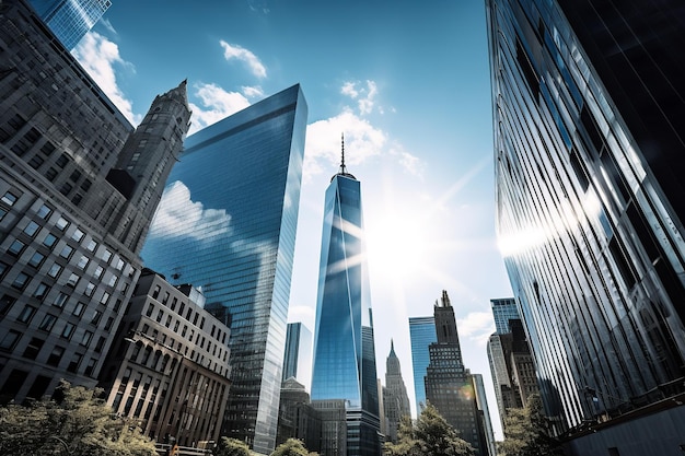 A cityscape with skyscrapers and a blue sky