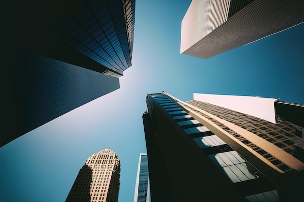 Cityscape with skyscrapers from below on a bright day