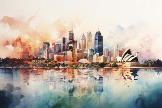 Photo cityscape with skyscrapers and reflection in water digital painting downtown sydney skyline in australia ai generated