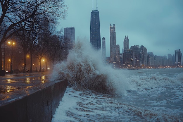 Cityscape with Stormy Waves Crashing on the Shore